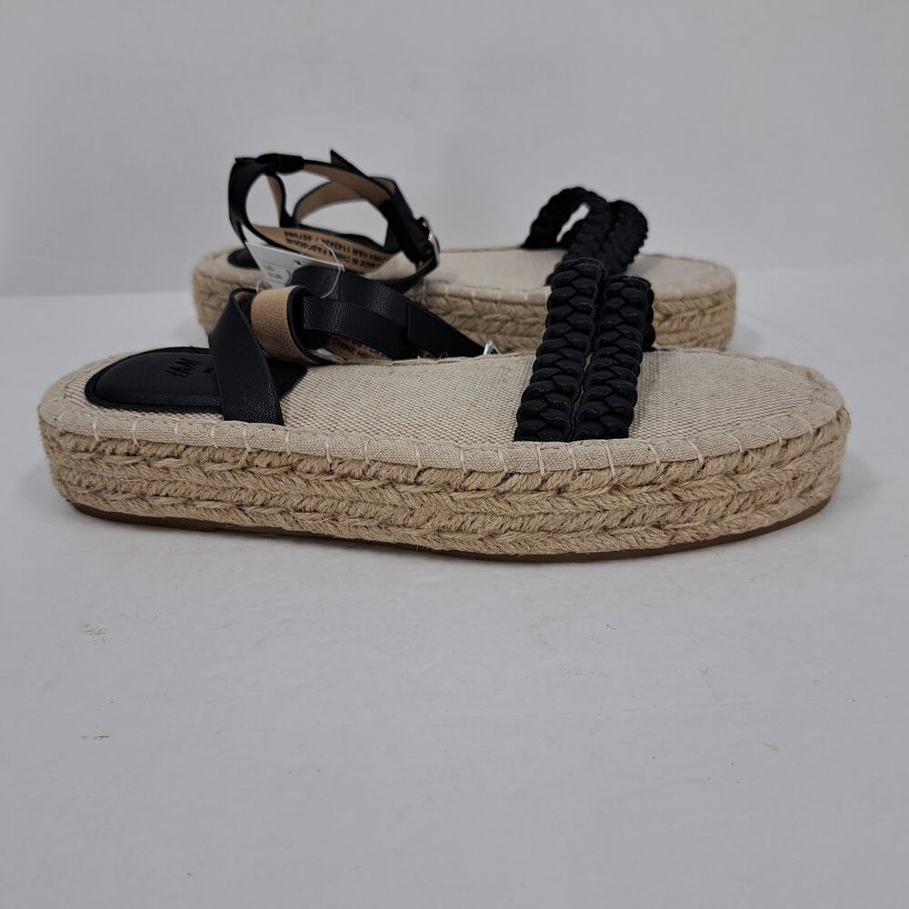H&M Sandals 38 EU 7 US Braided Detail Espadrilles‎ Platform Ankle Strap Black - Picture 2 of 12
